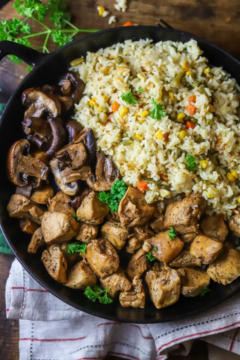 Cast Iron Skillet Chicken Breast Bites with Mushrooms and Veggie Rice