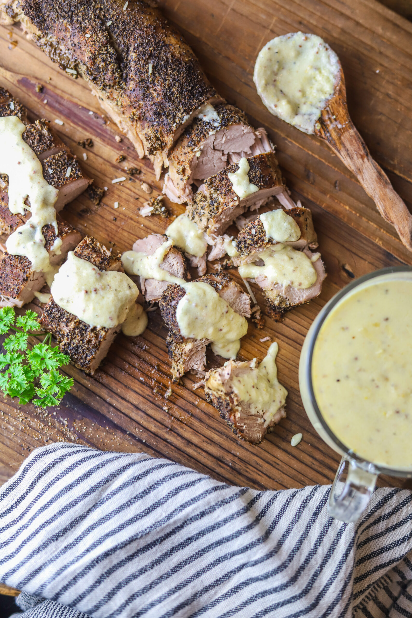 Pepper Crusted Crock Pot Pork Tenderloin with Mustard Cream Sauce