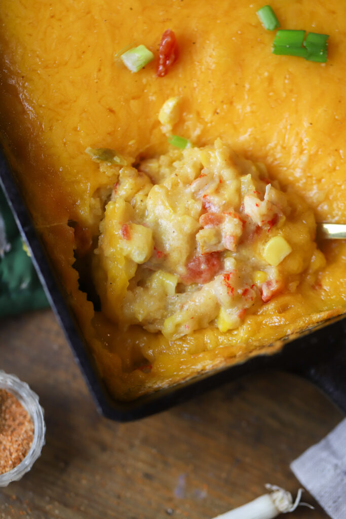 This Jiffy corn casserole with cheese and crawfish recipe is an easy and delicious recipe. It has only a few ingredients and is perfect when you need a comfort food idea quickly! When all the ingredients are combined, bake for about 45 to 50 minutes then top with cheese. So easy and the perfect side for any occasion.