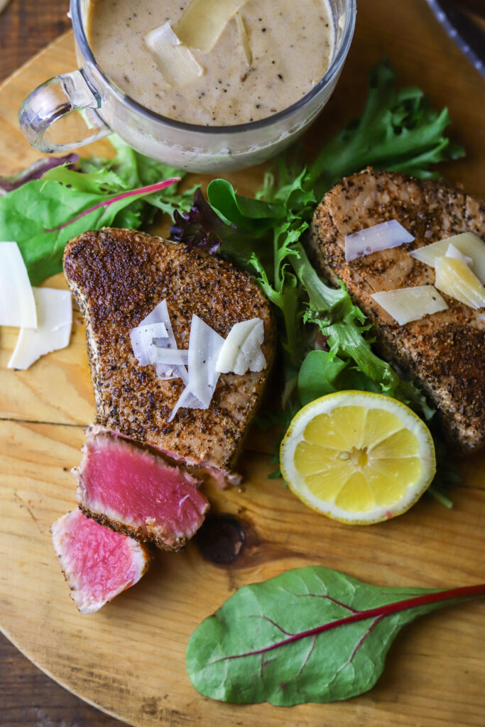 Pan Seared Tuna Steak with Parmesan Cream Sauce - Turnrow Table