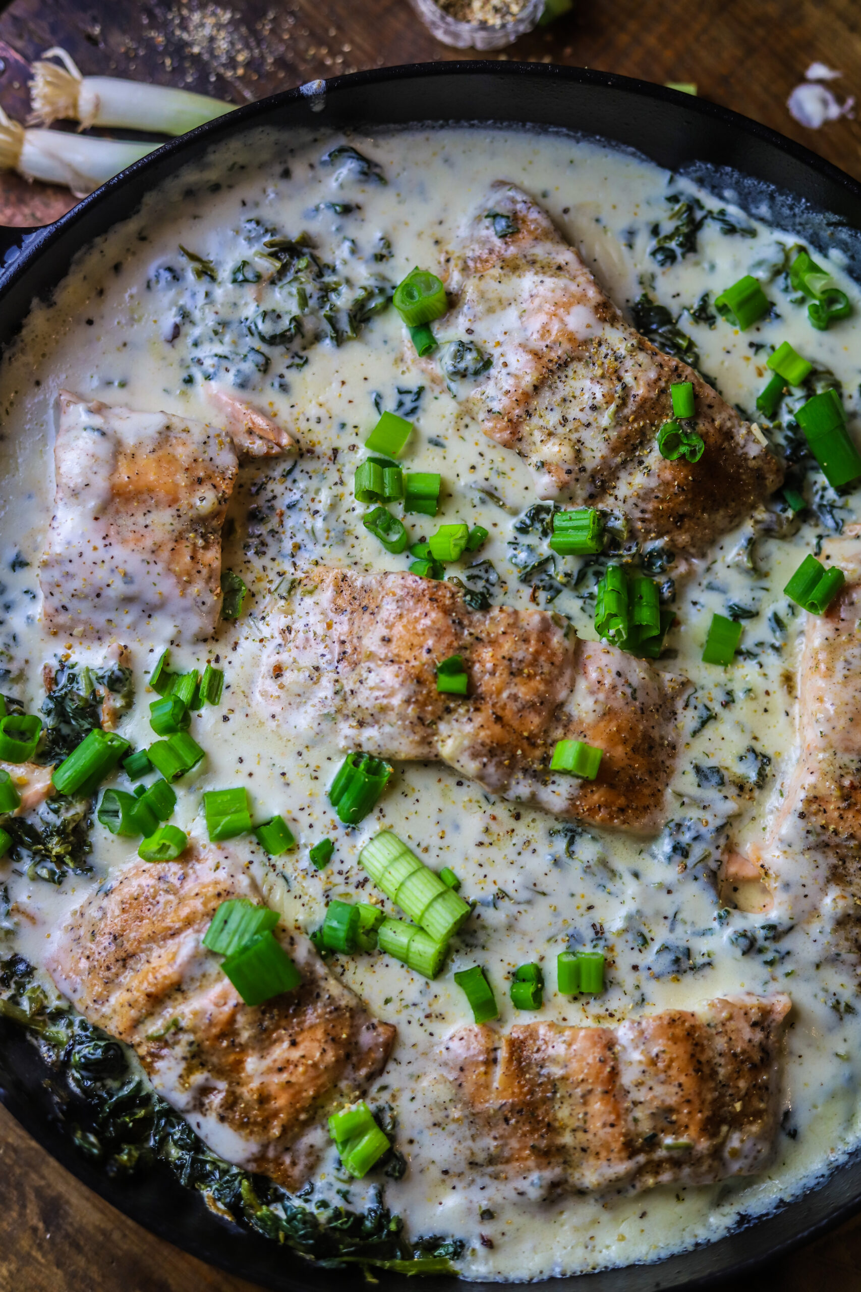 Salmon and Spinach Skillet with Boursin Cream Sauce