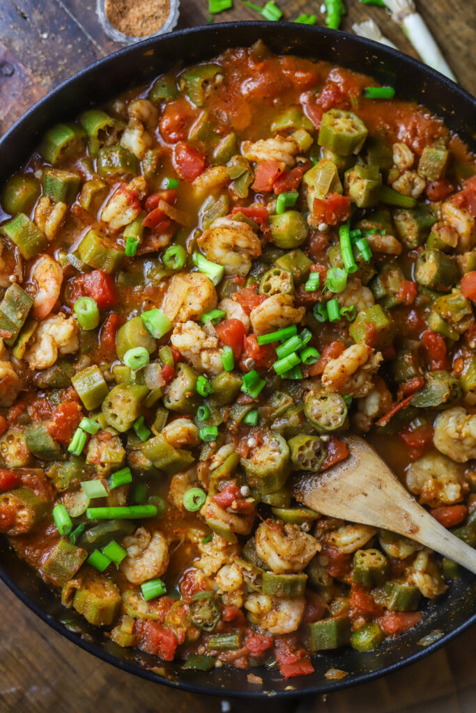 You’ll love the southern okra and tomatoes with shrimp recipe. This is about as Louisiana as it gets. This recipe is a lot like shrimp creole. You’ll start out by sautéing your holy trinity, then you’ll add in your okra and few cans of tomatoes. Let that simmer down and then in a separate skillet, sauté some shrimp in butter and Cajun seasonings. Add it all together and you’ll have the most delicious comfort food there is. 