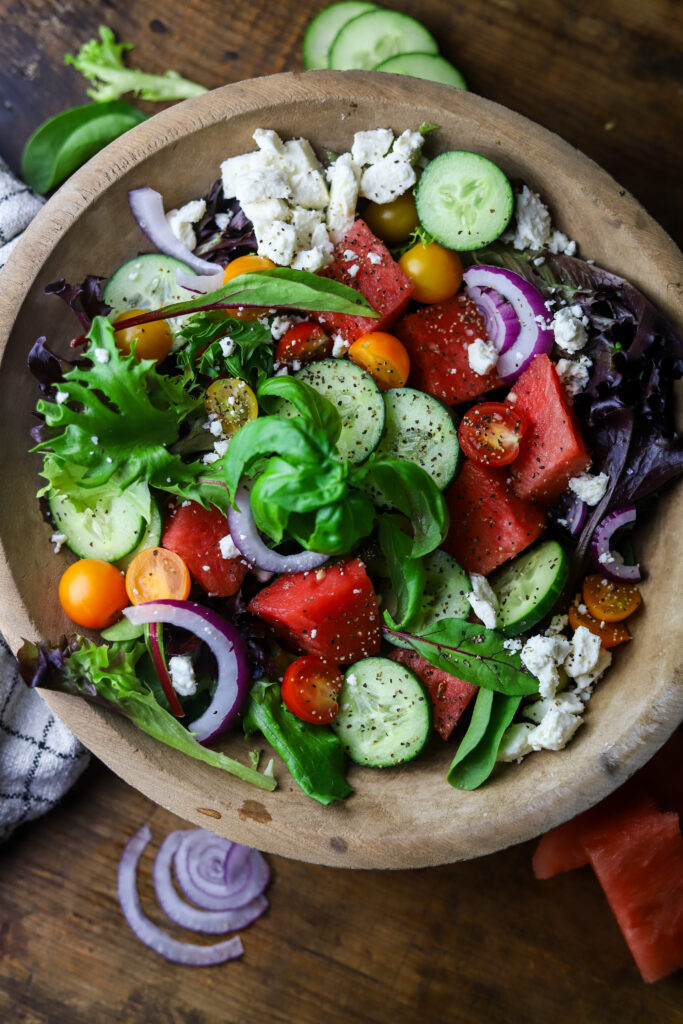 I love this summer watermelon tomato salad with feta cheese. It's one of the best summer salad recipes in my opinion. You can't beat these fresh flavors of the watermelon, cucumber and tomatoes. All this paired with the feta cheese, balsamic is a perfect combination. If you're looking for a fresh summer salad, this is it. 