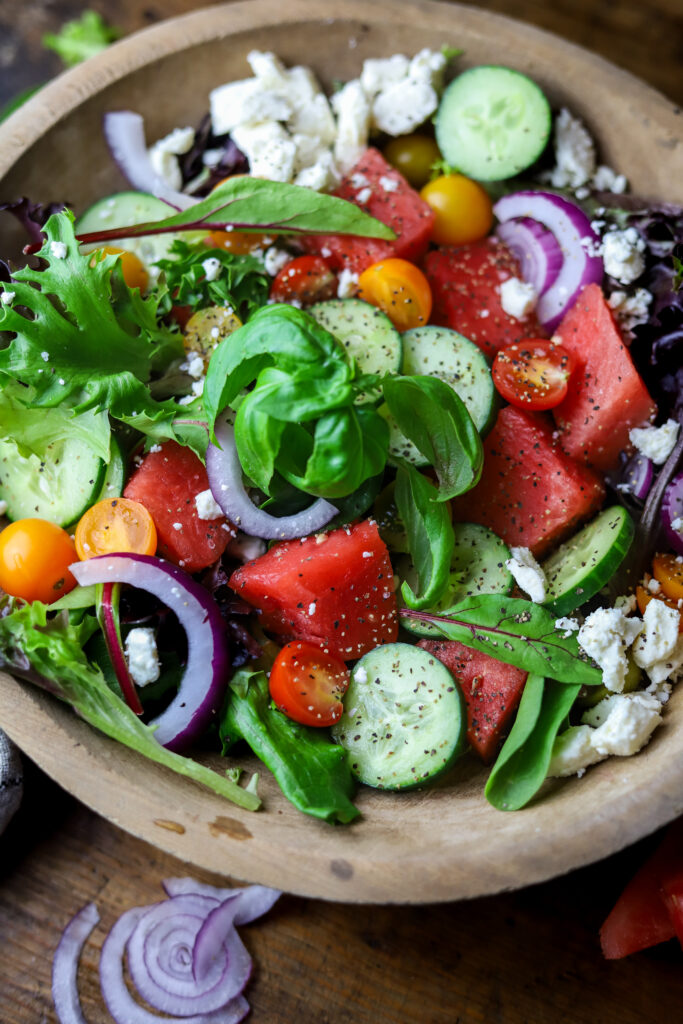 I love this summer watermelon tomato salad with feta cheese. It's one of the best summer salad recipes in my opinion. You can't beat these fresh flavors of the watermelon, cucumber and tomatoes. All this paired with the feta cheese, balsamic is a perfect combination. If you're looking for a fresh summer salad, this is it. 