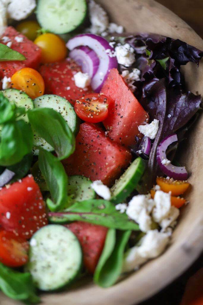 I love this summer watermelon tomato salad with feta cheese. It's one of the best summer salad recipes in my opinion. You can't beat these fresh flavors of the watermelon, cucumber and tomatoes. All this paired with the feta cheese, balsamic is a perfect combination. If you're looking for a fresh summer salad, this is it. 