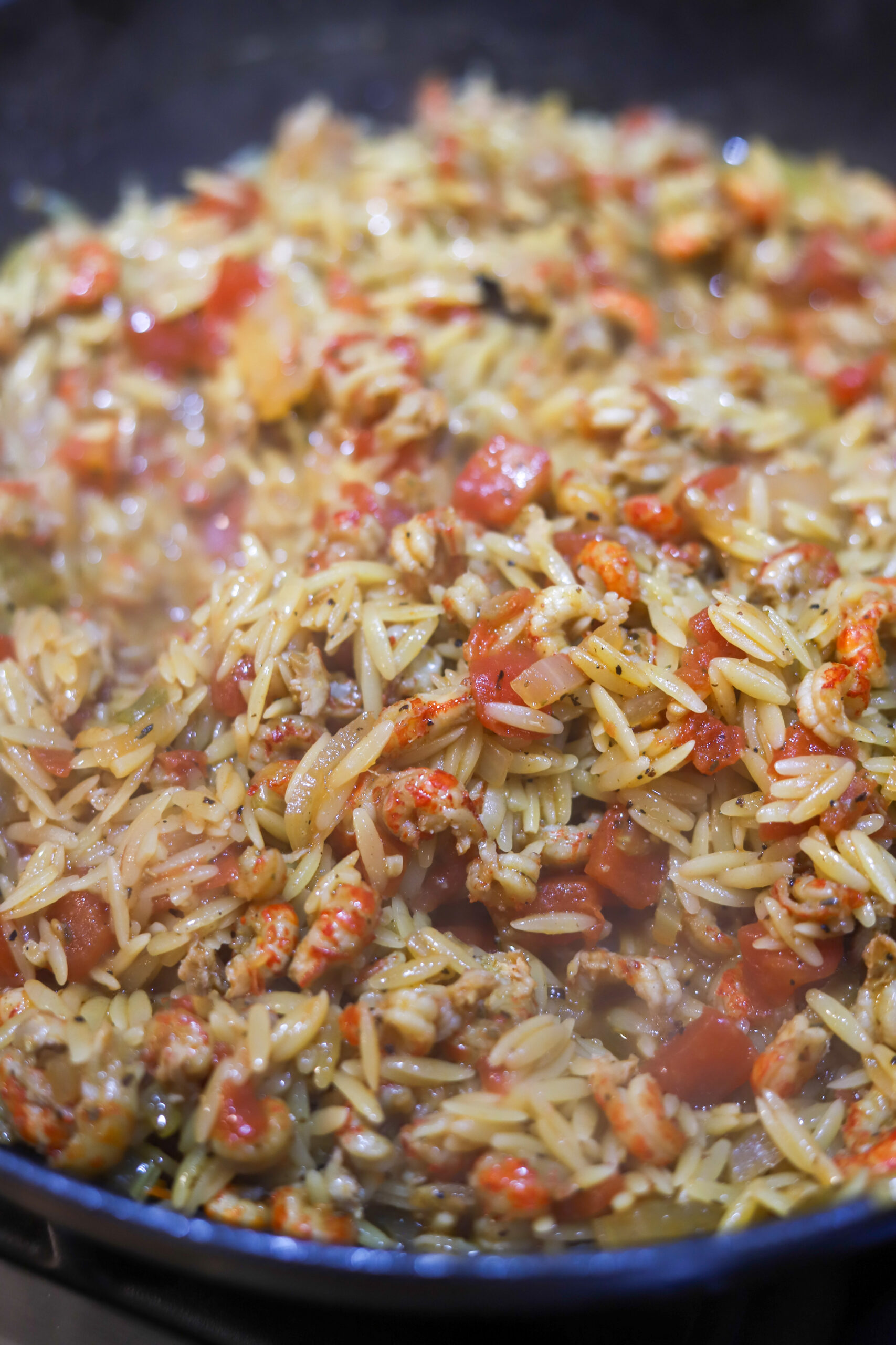 This Cajun creamy orzo recipe. It's so delicious. It's a spicy tomato base with crawfish tails. Add your orzo with some broth and let it all cook until your pasta is nice and tender. Fold in heavy cream, parmesan and browned smoked sausage. This one-pot meal is so simple and delicious and takes less than 30 to make. 