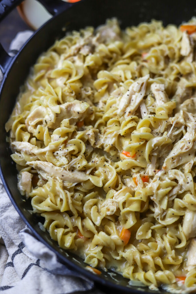 I love this old fashioned chicken and noodles recipe. My mom and my grandmother both used to make this all the time. For my recipe, I used rotisserie chicken, a homemade cream of chicken soup and some egg noodles. Once you cook it all down, it makes a nice creamy, one-pot meal. I’m telling you, you’ll love this comfort food favorite.