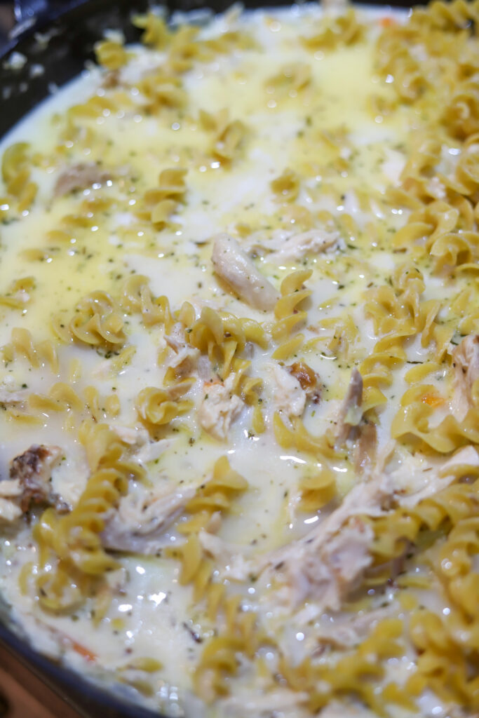 I love this old fashioned chicken and noodles recipe. My mom and my grandmother both used to make this all the time. For my recipe, I used rotisserie chicken, a homemade cream of chicken soup and some egg noodles. Once you cook it all down, it makes a nice creamy, one-pot meal. I’m telling you, you’ll love this comfort food favorite.