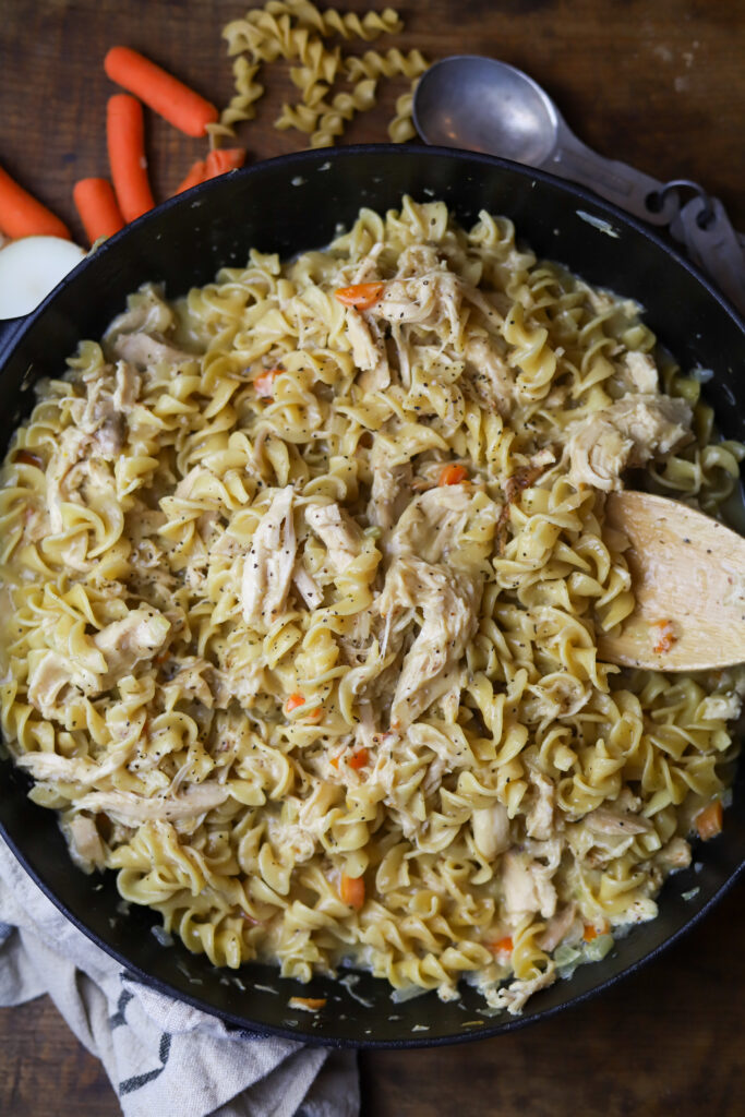 I love this old fashioned chicken and noodles recipe. My mom and my grandmother both used to make this all the time. For my recipe, I used rotisserie chicken, a homemade cream of chicken soup and some egg noodles. Once you cook it all down, it makes a nice creamy, one-pot meal. I’m telling you, you’ll love this comfort food favorite.