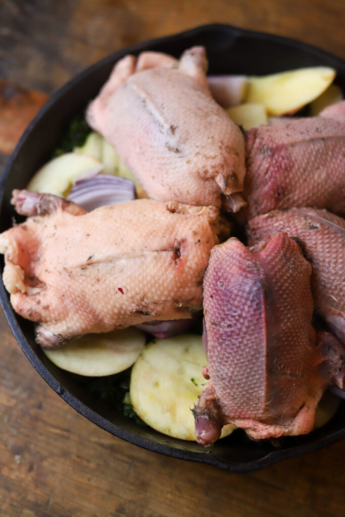 This sweet and sour wild roasted duck is a great recipe for fall and winter. If you are a duck hunter, you need to keep reading. This is simple recipe that can be made with any type of duck. It’s a simple slow roasted duck recipe, then once the ducks finish roasting, you’ll brush it with this amazingly delicious homemade sweet and sour sauce and crank the oven up to let the exterior crisp. I roasted them on top of apples and greens, which then later marinade and render in all the delicious duck fat. If you hunt and cook wild duck, you’ll definitely want to try this recipe. 