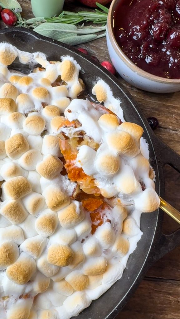 Discover the classic taste of this old fashioned sweet potato casserole with marshmallows, a pecan crust and frozen yam patties. Quick, simple and perfect for your holiday menu.