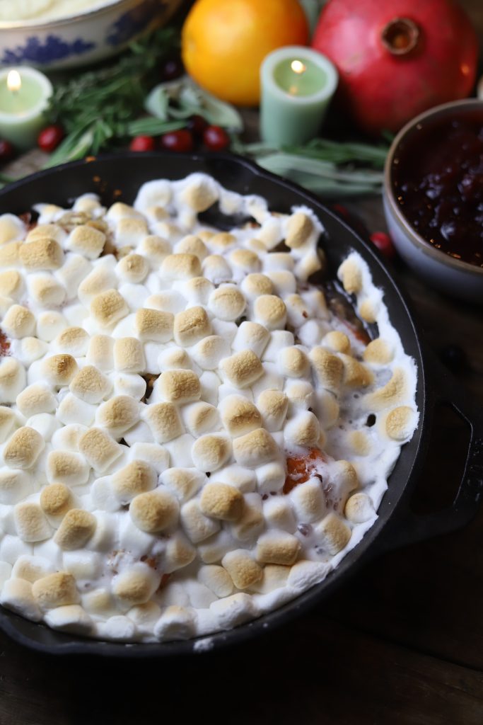 Discover the classic taste of this old fashioned sweet potato casserole with marshmallows, a pecan crust and frozen yam patties. Quick, simple and perfect for your holiday menu.